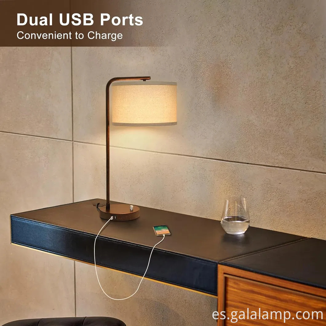 Lámpara moderna de carga USB con sombra de lino